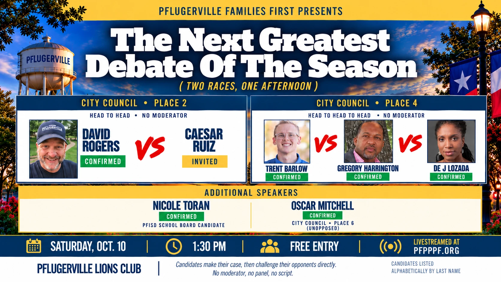 PPP presents a City Council debate on Saturday October 10, 1:30 PM at the Pflugerville Lions Club. City Council Place 4: Trent Barlow vs. Gregory Harrington vs. De J Lozada. Additional speakers Nicole Toran (PfISD School Board) and Oscar Mitchell (City Council Place 6, unopposed). Free entry; livestreamed at pfpfpf.org.